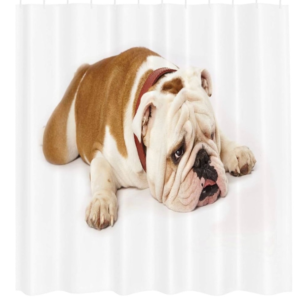 Bulldog Print Shower Curtain and Bath Mat